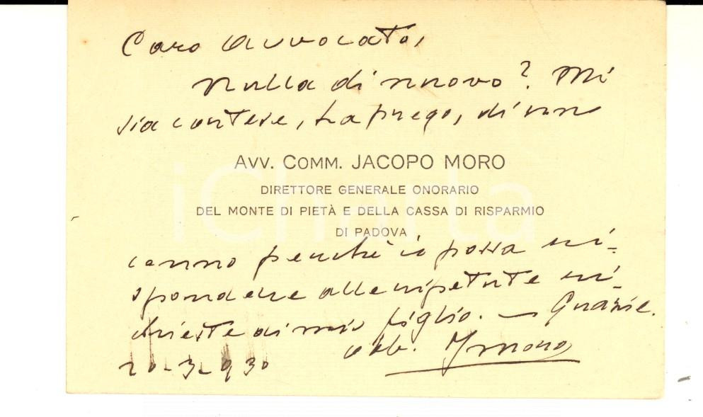 Oggetto da collezione cartaceo 1930 PADOVA Avv. Comm. Jacopo MORO  Biglietto da visita messaggio autografo 1