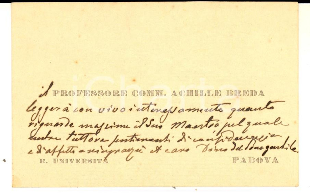 Oggetto da collezione cartaceo 1930 UNIVERSITA  PADOVA Prof. Achille BREDA  Biglietto da visita autografo 1