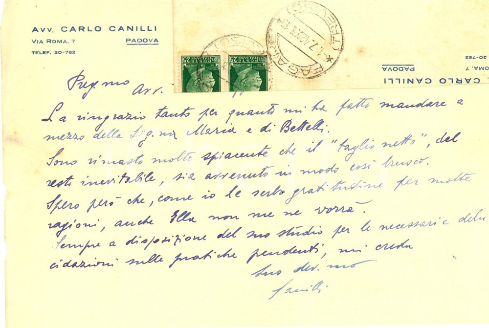 Manoscritto, lettera originale 1942 PADOVA Lettera avv. Carlo CANILLI in chiusura di un contratto Autografo 1