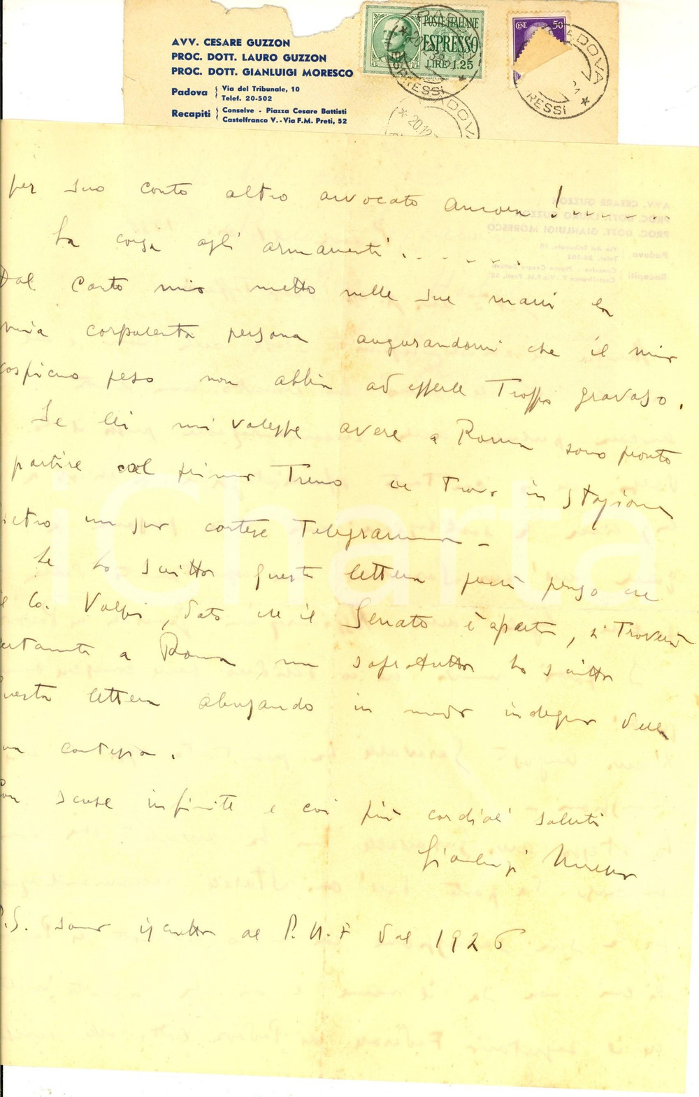Manoscritto, lettera originale 1938 PADOVA Lettera procuratore Gianluigi MORESCO su chiusura pratica Autografo 1