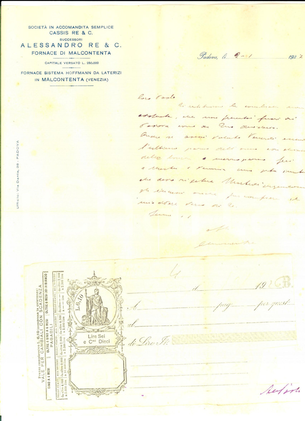 Manoscritto, lettera originale 1927 PADOVA Lettera Alessandro RE  Fornace di MALCONTENTA Con cambiale 1