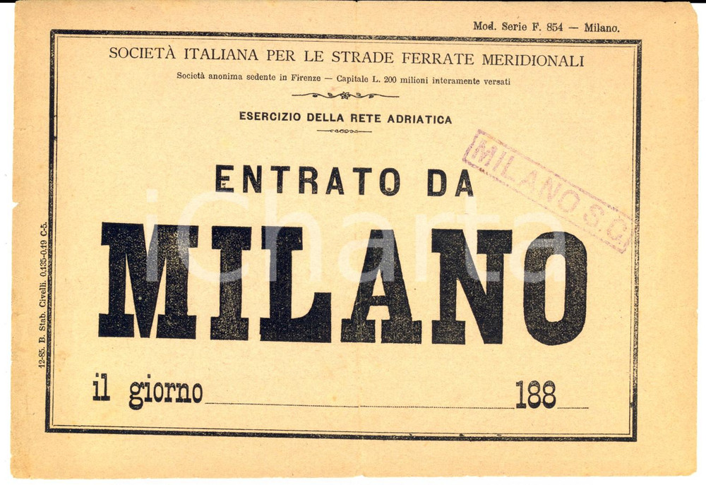Oggetto da collezione cartaceo 1885 MILANO SocietÃ  Strade Ferrate Meridionali  Rete Adriatica Biglietto 1
