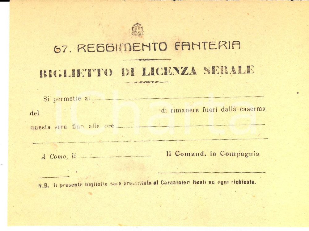 Oggetto da collezione cartaceo 1920 ca COMO 67° Reggimento Fanteria  Biglietto di licenza serale NON COMPILATO 1