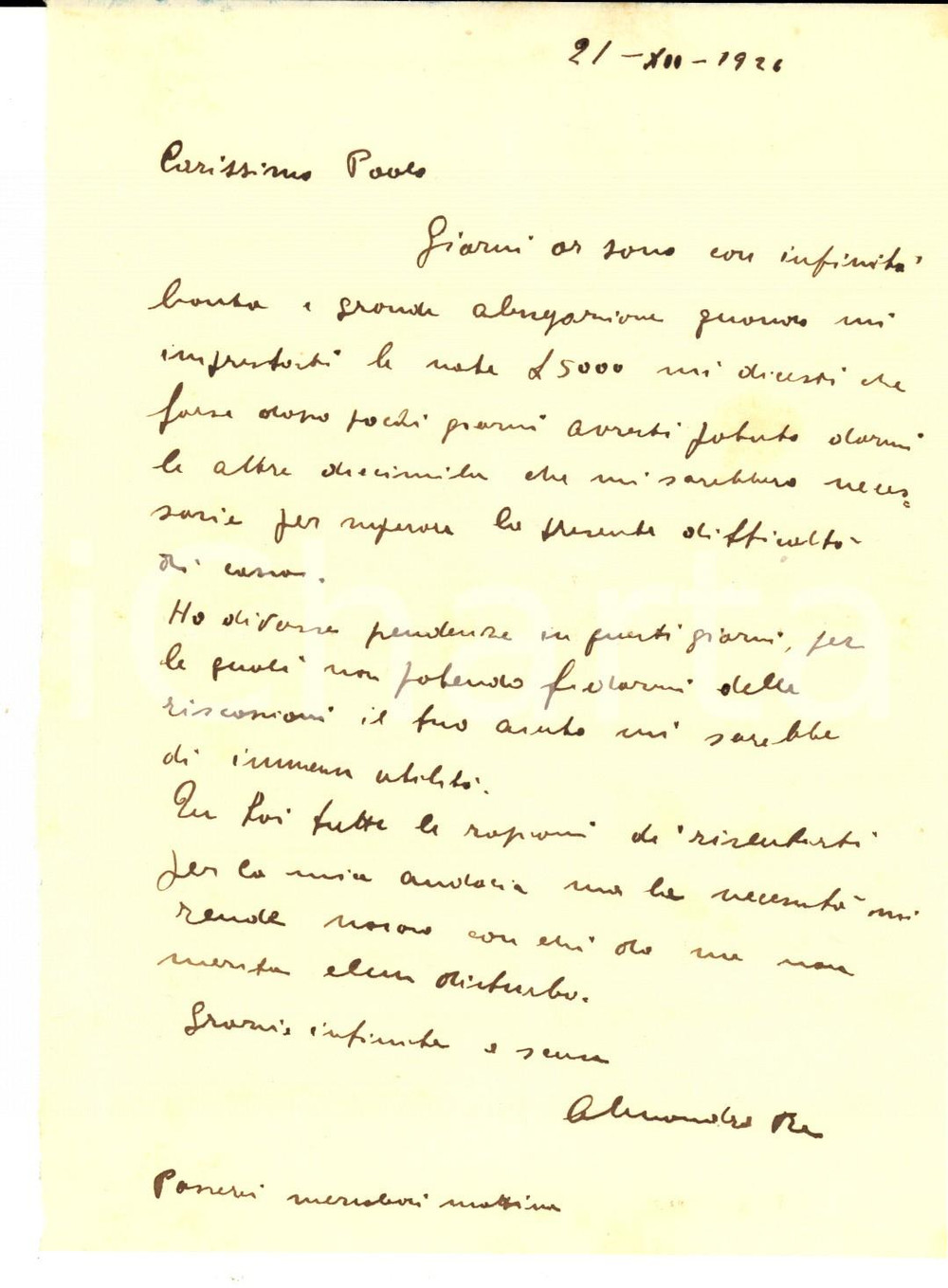 Manoscritto, lettera originale 1926 PADOVA Lettera dell imprenditore Alessandro RE per un prestito ricevuto 1