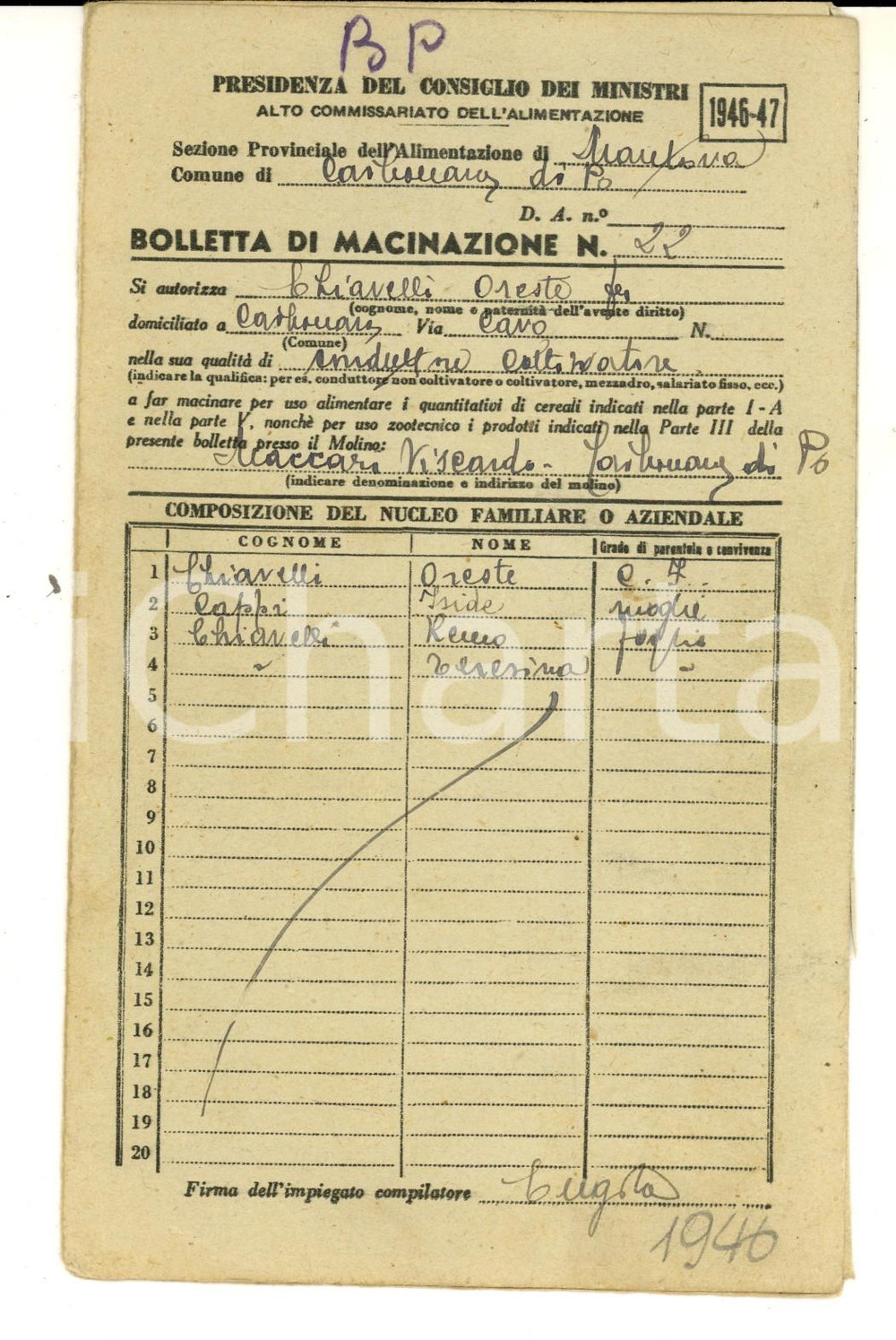 Documento originale, autentico 1946 CARBONARA DI PO Bolletta di macinazione del coltivatore Oreste CHIAVELLI 1