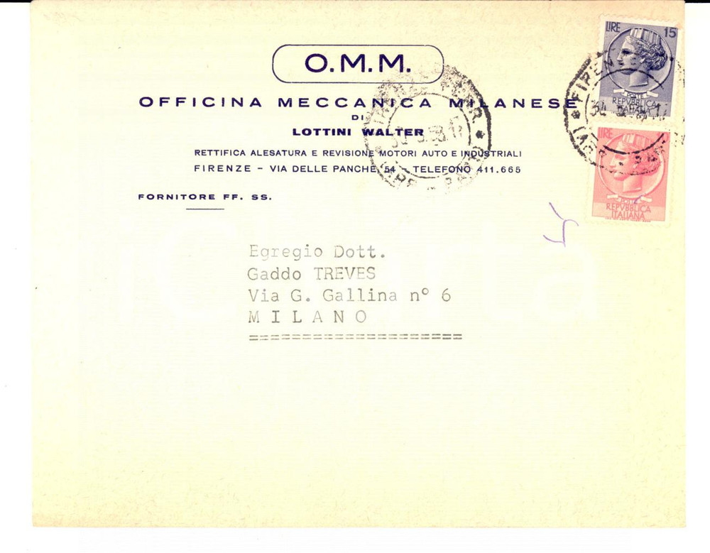 Materiale pubblicitario d’epoca 1958 FIRENZE OMM Officina Meccanica Milanese  LOTTINI Busta intestata VUOTA 1