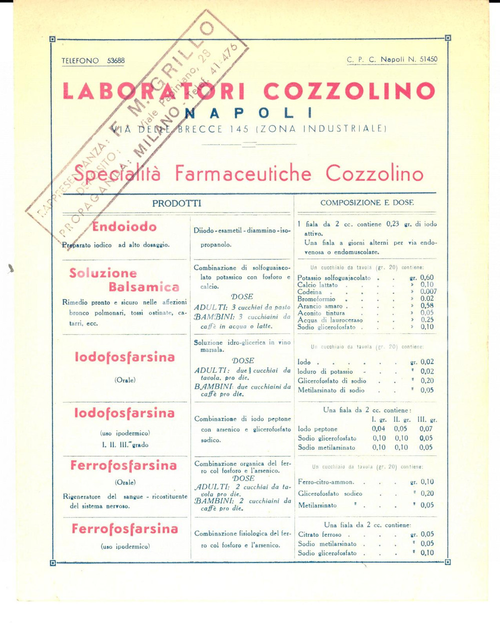 Materiale pubblicitario d’epoca 1930 ca NAPOLI Laboratori COZZOLINO  PubblicitÃ  farmaceutica cartoncino 16x20 1