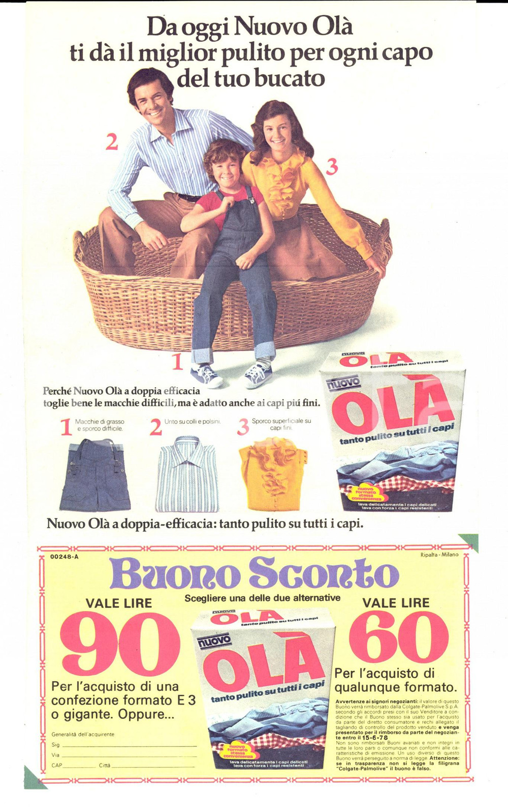 Materiale pubblicitario d’epoca 1978 Detersivo NUOVO OLA   Volantino pubblicitario con buono sconto 1