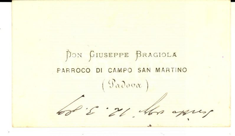 Oggetto da collezione cartaceo 1889 PADOVA CAMPO SAN MARTINO Don Giuseppe BRAGIOLA parroco Biglietto da visita 1