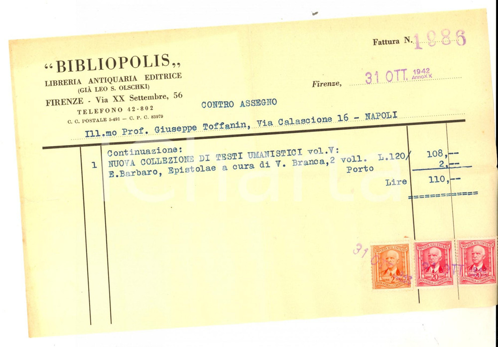 Documento originale, autentico 1942 FIRENZE Libreria Antiquaria BIBLIOPOLIS già Leo OLSCHKI Fattura intestata 1