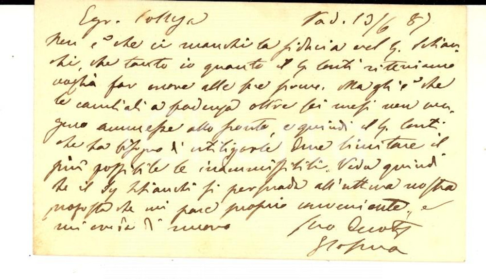 Oggetto da collezione cartaceo 1887 PADOVA Avv. Giulio COSMA  Biglietto da visita con messaggio autografo 1