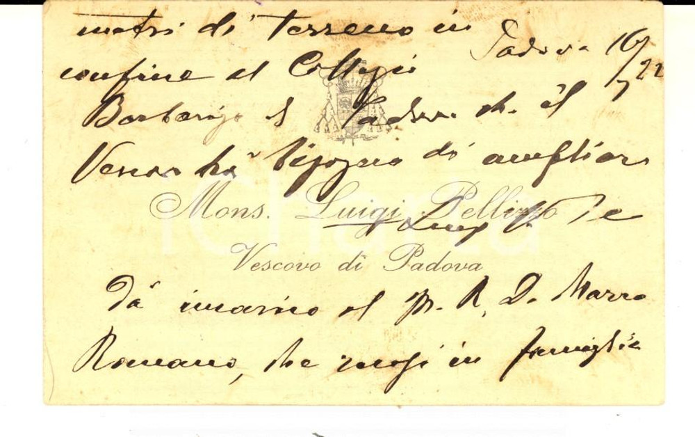Oggetto da collezione cartaceo 1910 ca PADOVA Mons. Luigi PELLIZZO vescovo  Biglietto da visita AUTOGRAFO 1