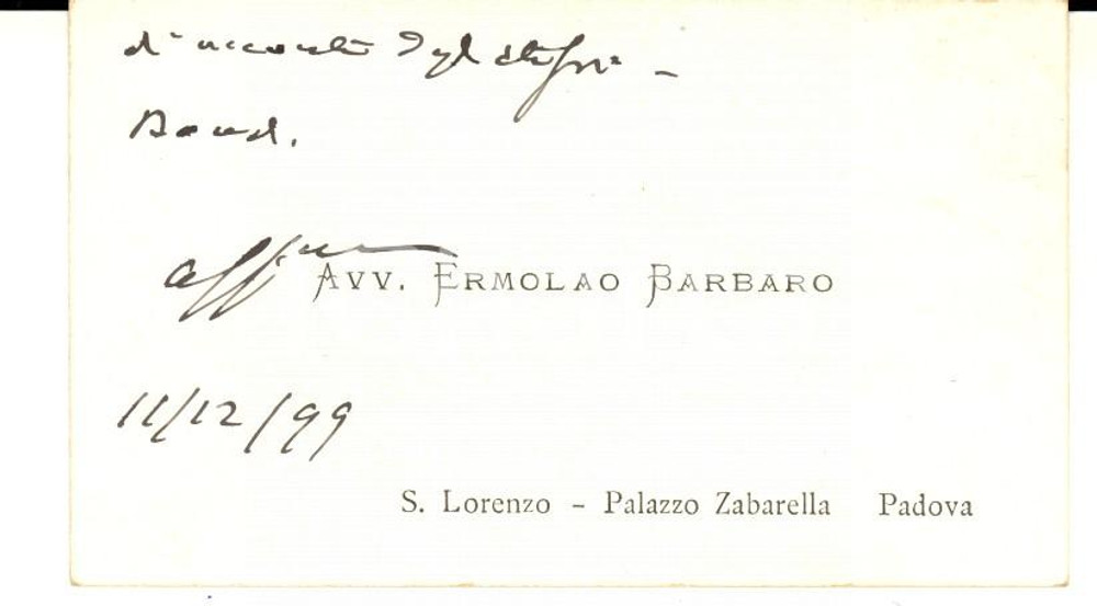 Oggetto da collezione cartaceo 1899 PADOVA Avv. Ermolao BARBARO  Biglietto da visita autografo 1