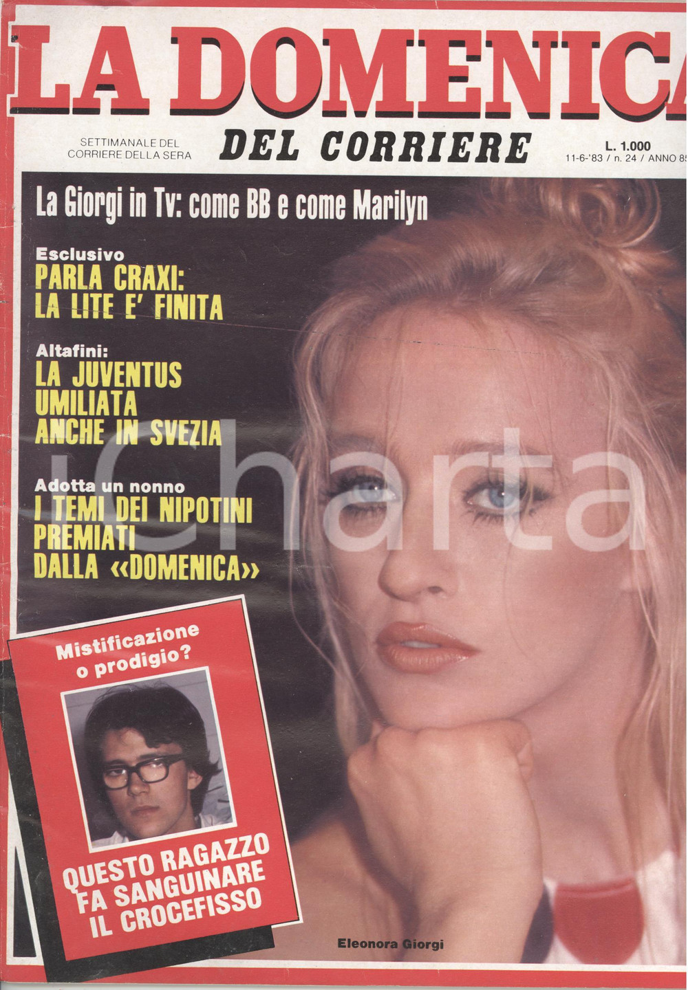 Giornale, rivista storica 1983 DOMENICA DEL CORRIERE Intervista a CRAXI  Eleonora GIORGI come Marylin 1
