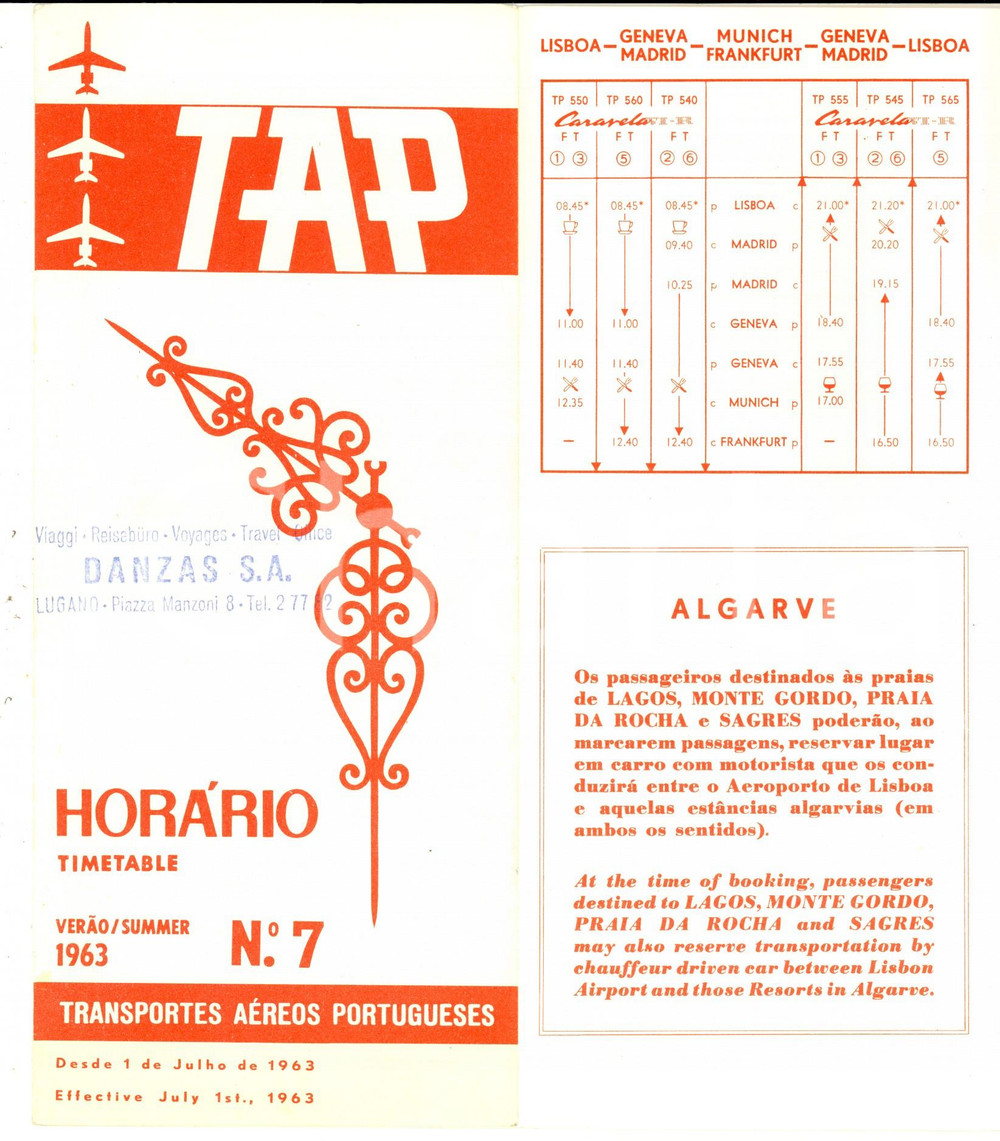 Materiale pubblicitario d’epoca 1963 TAP Transportes Aereos Portugueses  Summer timetable VINTAGE brochure 1
