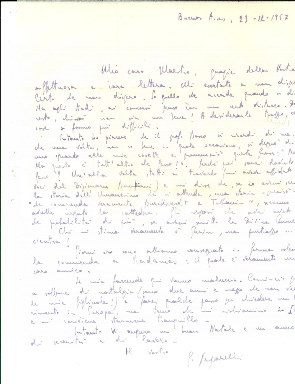Autografo originale 1957 BUENOS AIRES Gioacchino PAPARELLI preoccupato per la stima dei colleghi 1