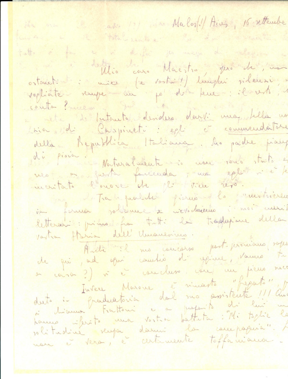 Autografo originale 1957 BUENOS AIRES Gioacchino PAPARELLI sulla carriera dei colleghi Autografo 1