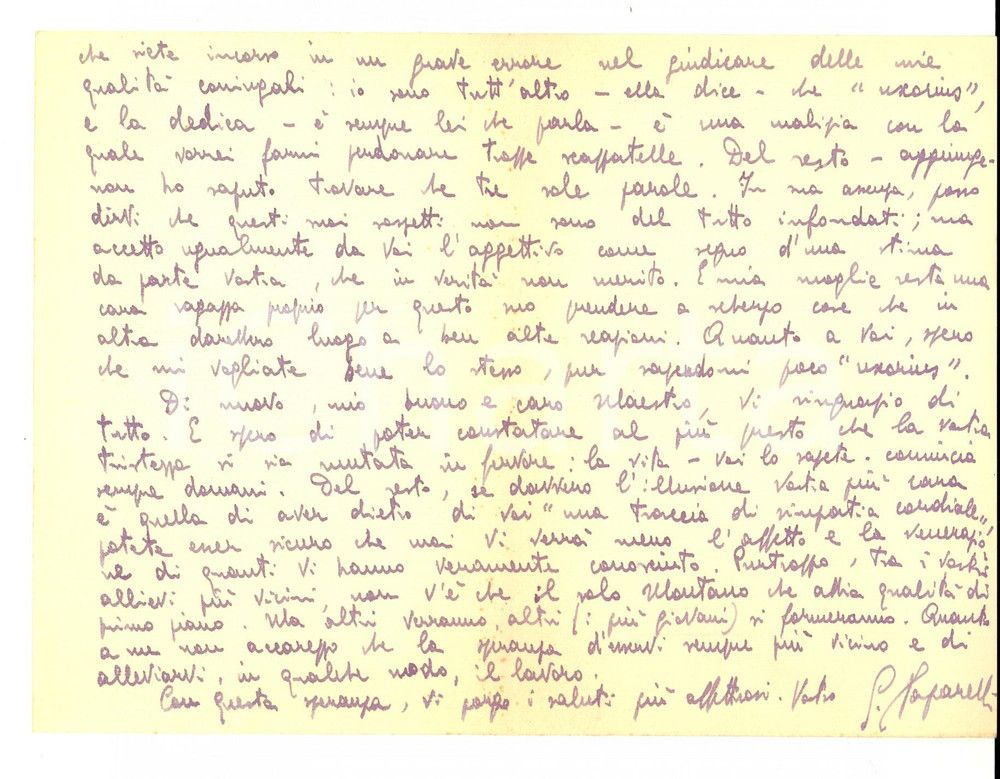 Autografo originale 1947 SESSA AURUNCA Gioacchino PAPARELLI a un collega che invecchia Autografo 1