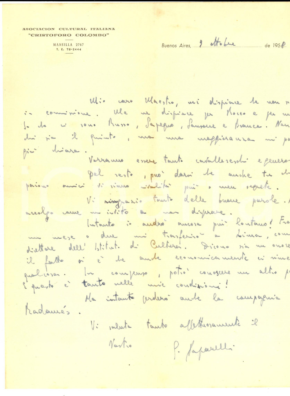 1958 BUENOS AIRES Gioacchino PAPARELLI verso il trasferimento in Perù *Autografo