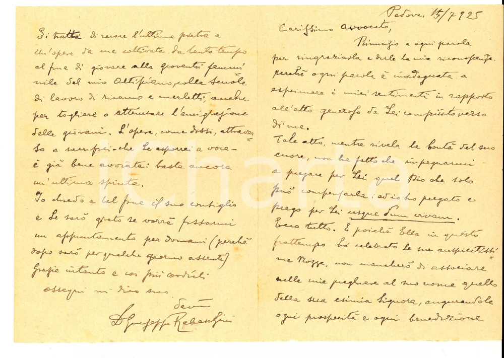 Autografo originale 1925 PADOVA Don Giuseppe REBESCHINI chiede dilazione per un prestito Autografo 1