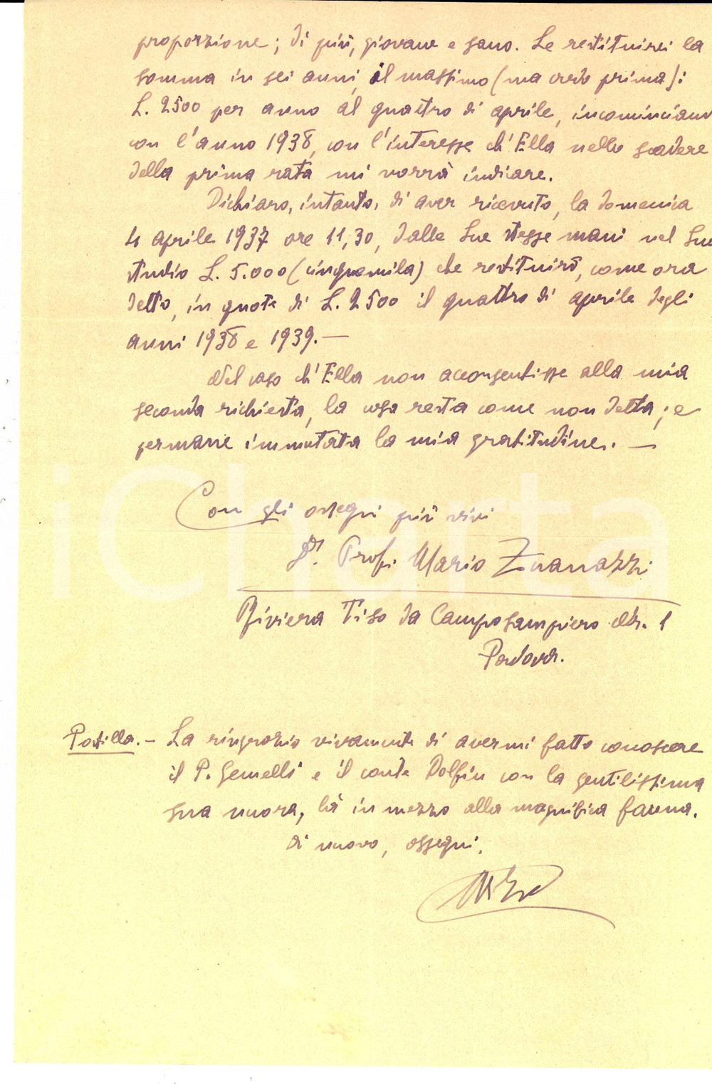 1937 PADOVA Prof. Mario ZUANAZZI chiede contributo per la propria opera - Lettera 