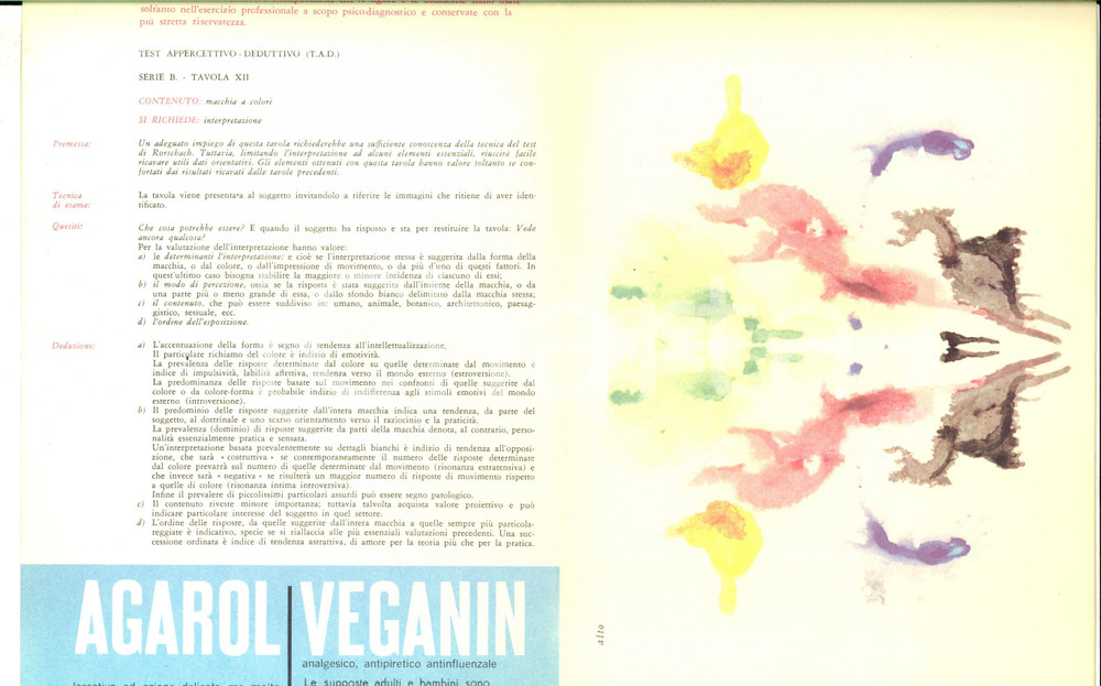 Materiale pubblicitario d’epoca 1960 MILANO Farmaceutica ANGIOLINI  Test appercettivo deduttivo 12/b  Macchia 1