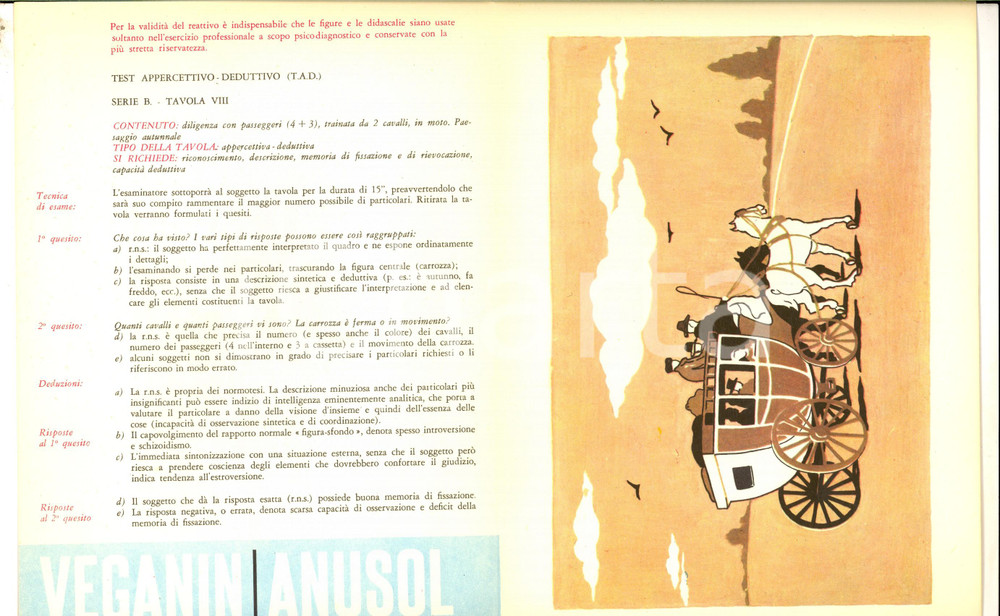 Materiale pubblicitario d’epoca 1959 MILANO Farmaceutica ANGIOLINI  Test appercettivo deduttivo 8/b  Diligenza 1