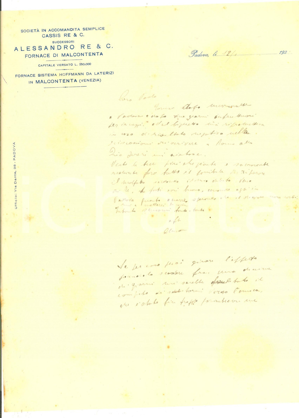 Manoscritto, lettera originale 1926 PADOVA Lettera dell imprenditore Alessandro RE per saldo di un debito 1