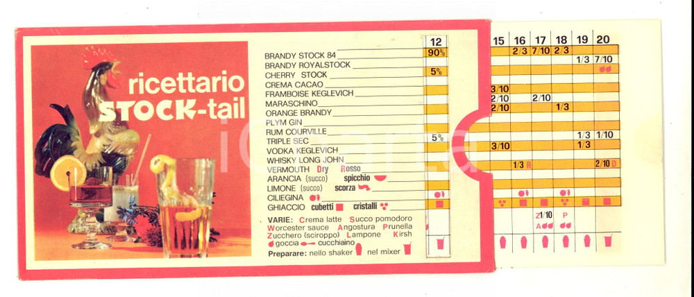 Materiale pubblicitario d’epoca 1980 ca TRIESTRE Liquori STOCK Ricettario cocktail estraibile VINTAGE 1