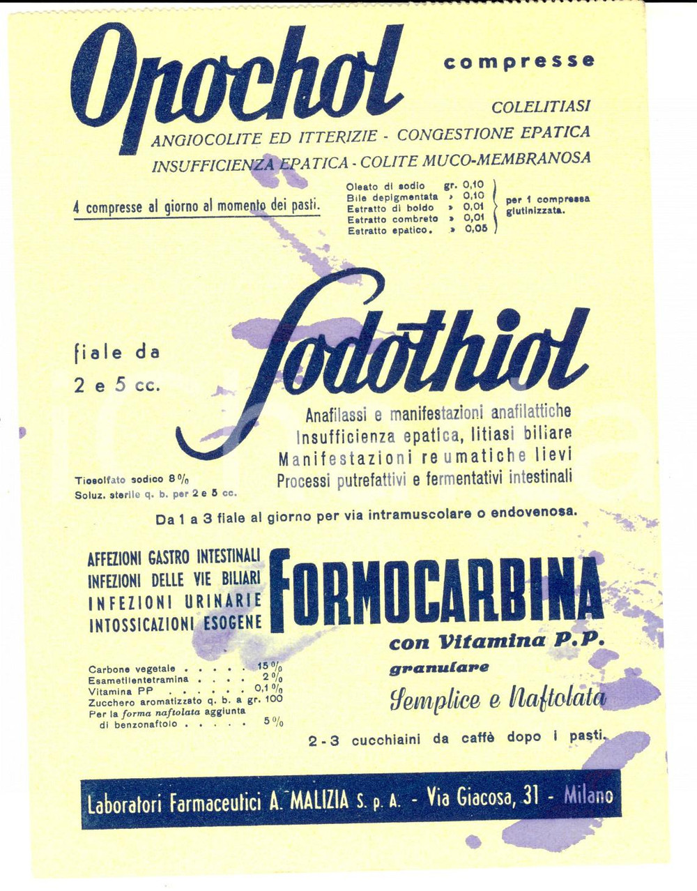 Materiale pubblicitario d’epoca 1960 ca MILANO Laboratori Farmaceutici MALIZIA PubblicitÃ  su carta assorbente 1