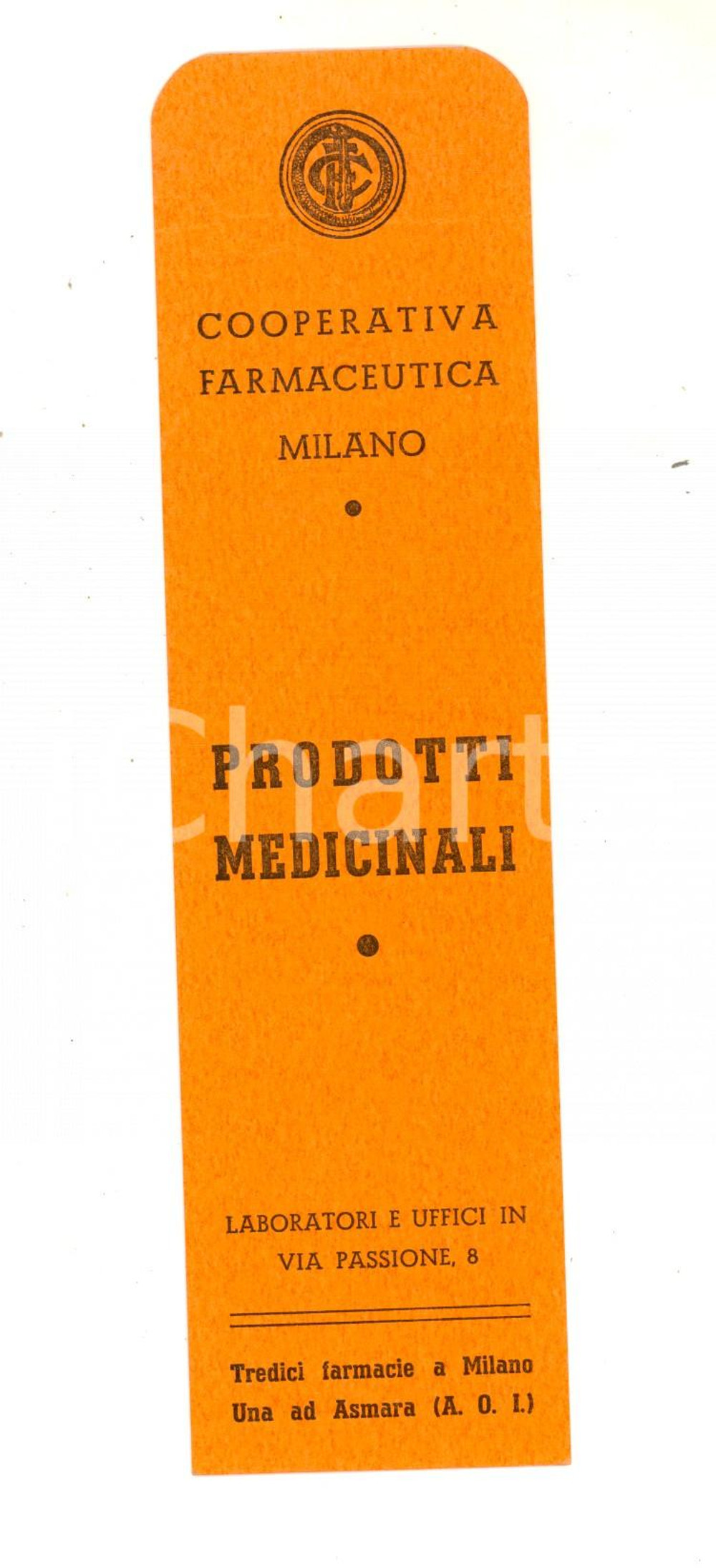 Materiale pubblicitario d’epoca 1940 ca COOPERATIVA FARMACEUTICA MILANO Segnalibro pubblicitario 19x5 cm 1