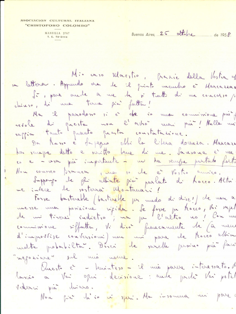 Autografo originale 1958 BUENOS AIRES Gioacchino PAPARELLI preme per vincere un concorso Autografo 1