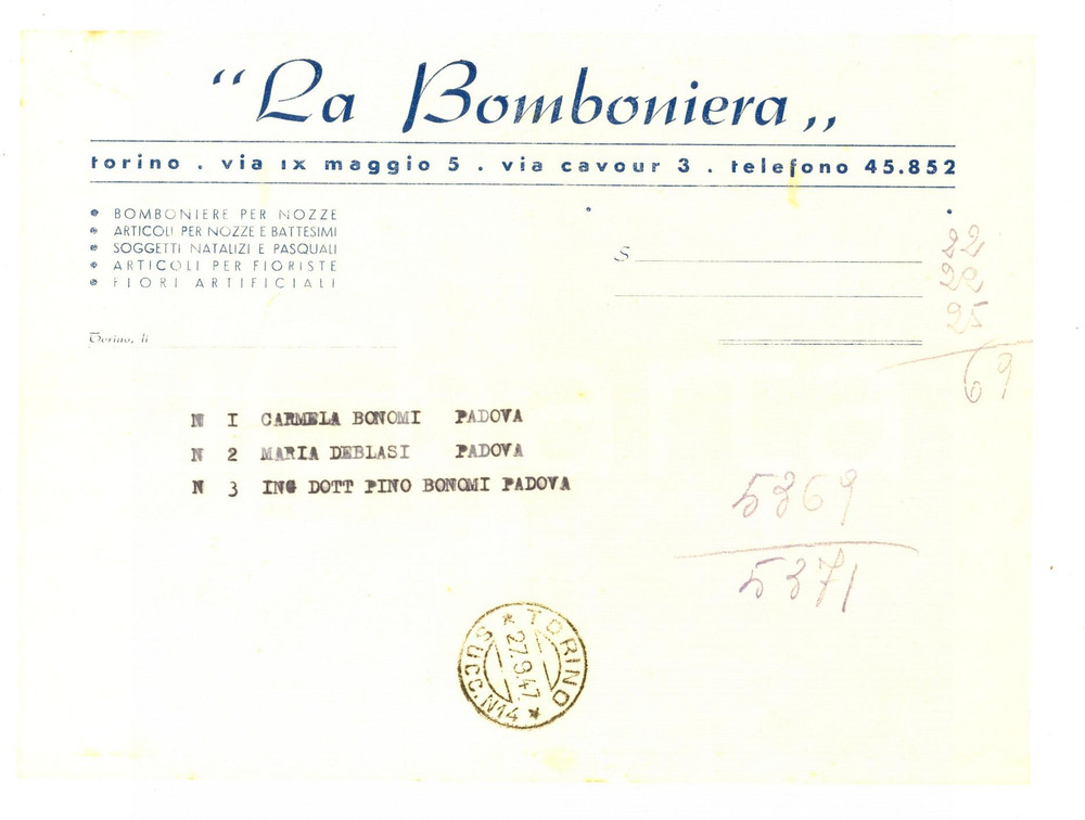 Documento originale, autentico 1947 TORINO via IX Maggio  LA BOMBONIERA  Conto su carta intestata Timbro 1