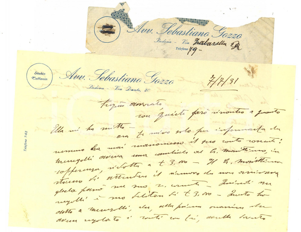 Manoscritto, lettera originale 1931 PADOVA Lettera avv. Sebastiano GOZZO su manomissione di conto corrente 1