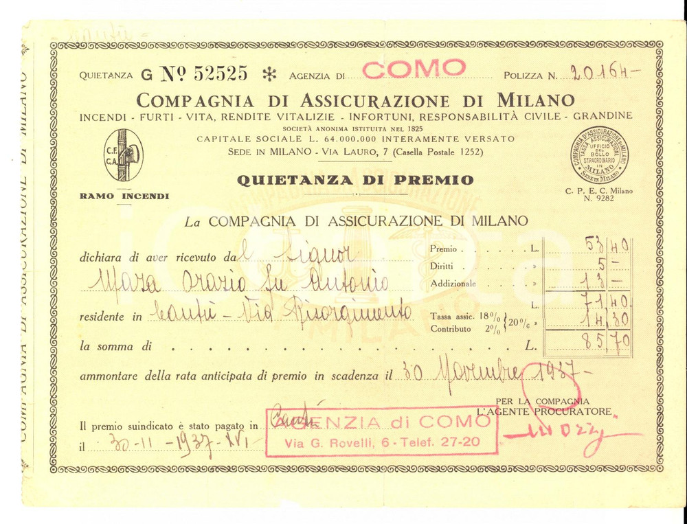 Documento originale, autentico 1937 COMO Compagnia di Assicurazione di Milano   Quietanza di premio 1