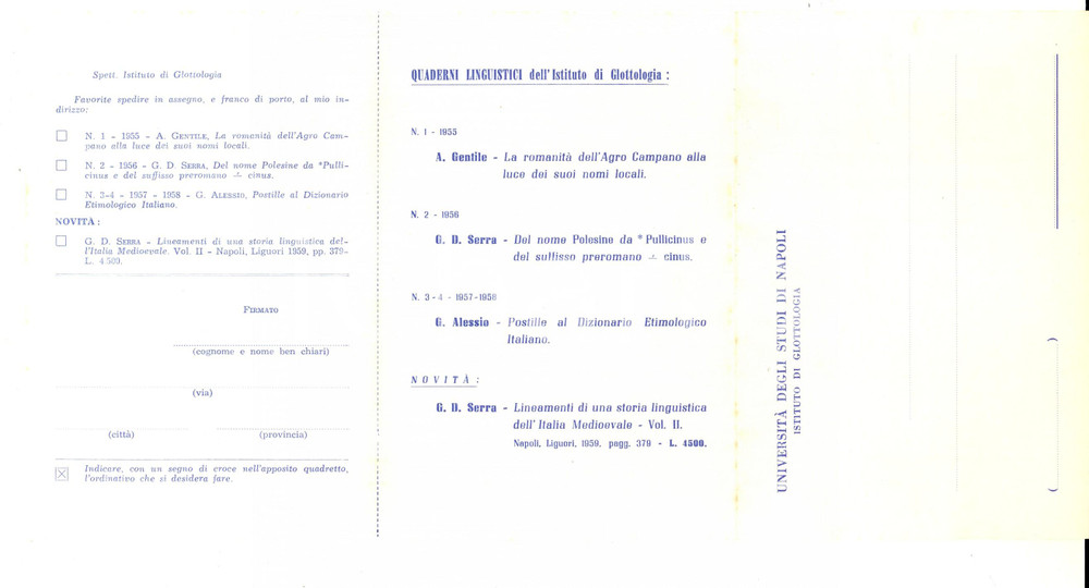 Cartolina originale da collezione 1959 UNIVERSITA  DI NAPOLI Istituto di glottologia  Studi G. D. SERRA Cedola 1