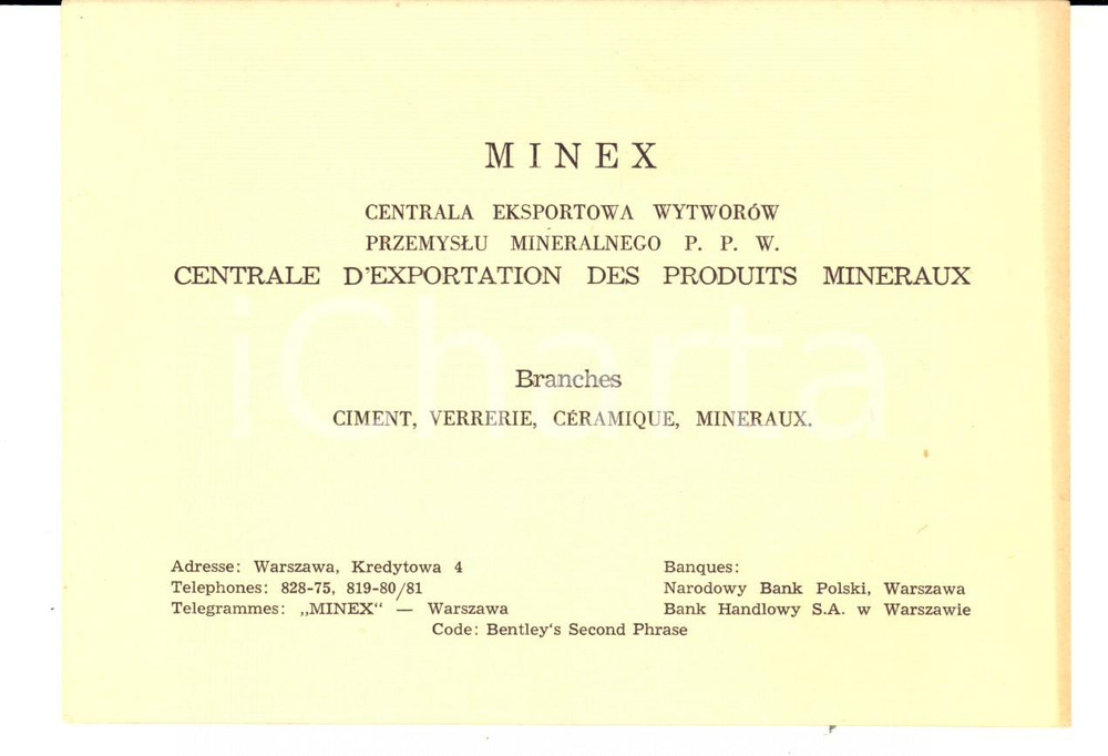 Materiale pubblicitario d’epoca 1960 ca WARSZAWA MINEX Centrale Exportation des Produits MinÃ©raux Biglietto 1