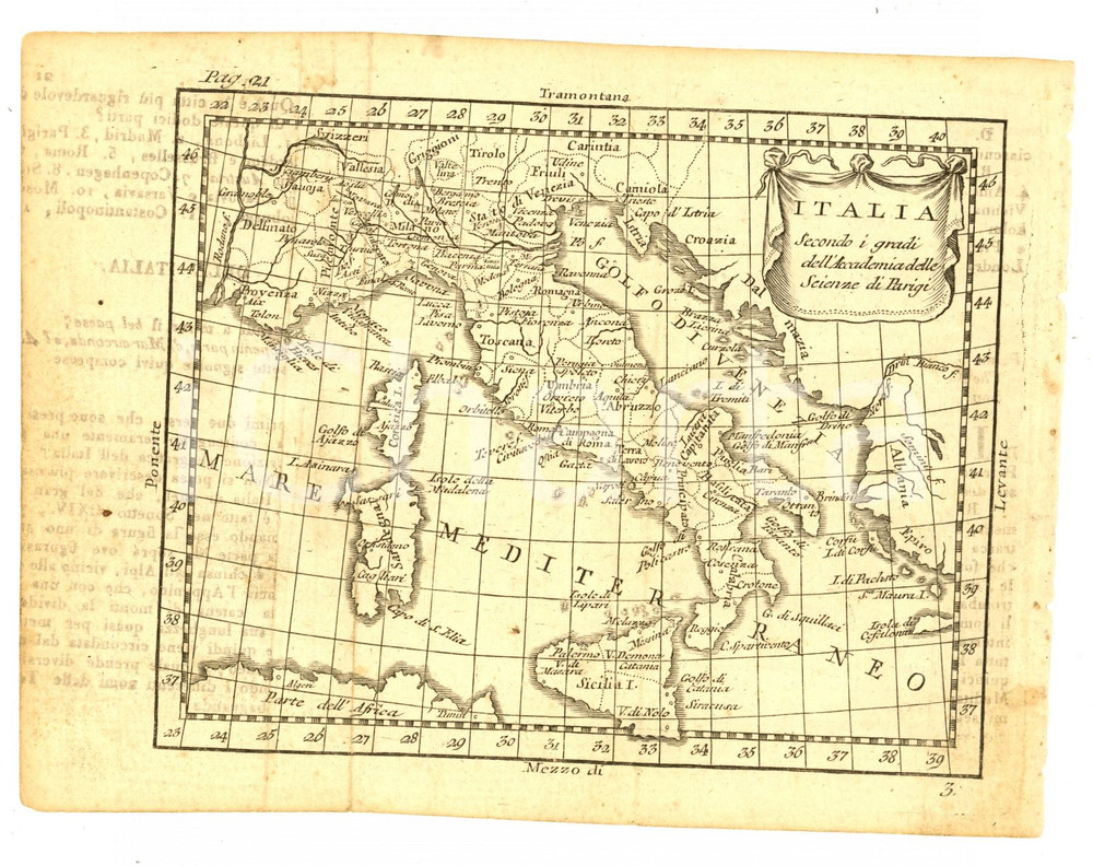 Mappa, planimetria storica 1790 ca Claudio BUFFIER Geografia universale  ITALIA Mappa 22x16 cm 1
