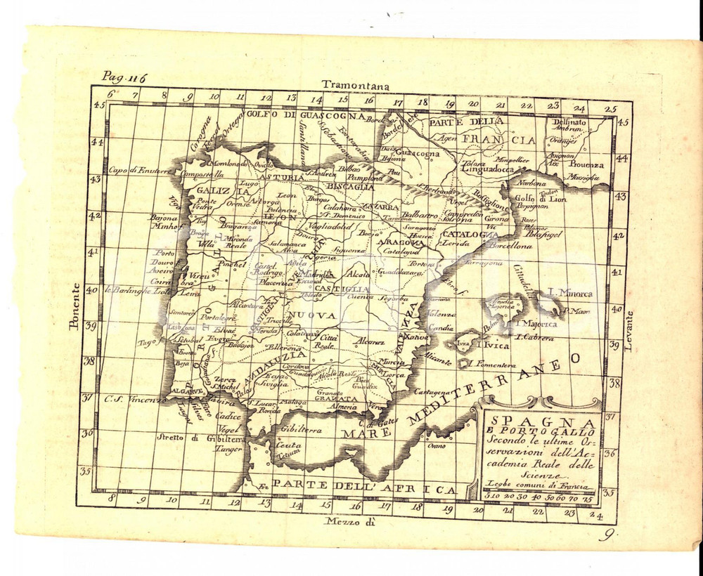 Mappa, planimetria storica 1790 ca Claudio BUFFIER Geografia universale  Spagna e Portogallo Mappa 22x17 1