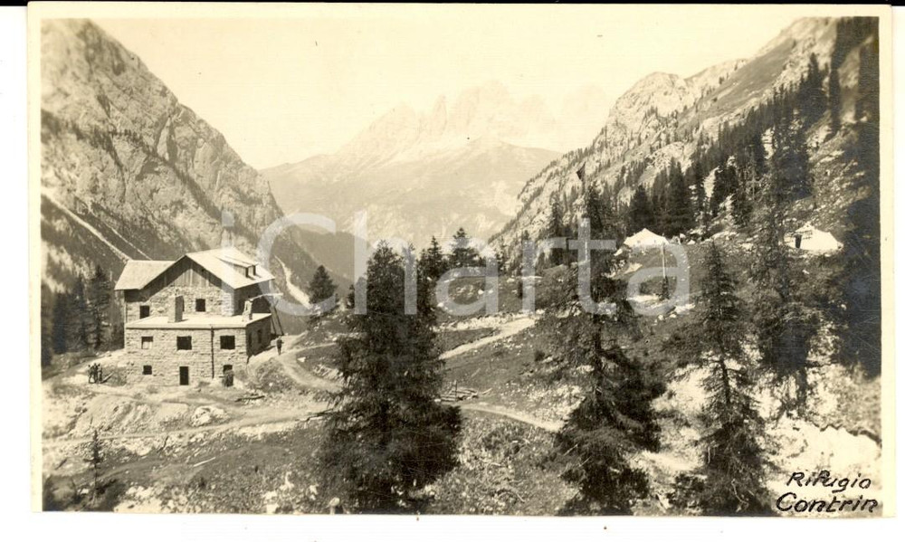Fotografia d epoca originale 1922 VAL CONTRIN Panorama con il rifugio e un campeggio Foto VINTAGE 14x8 cm 1