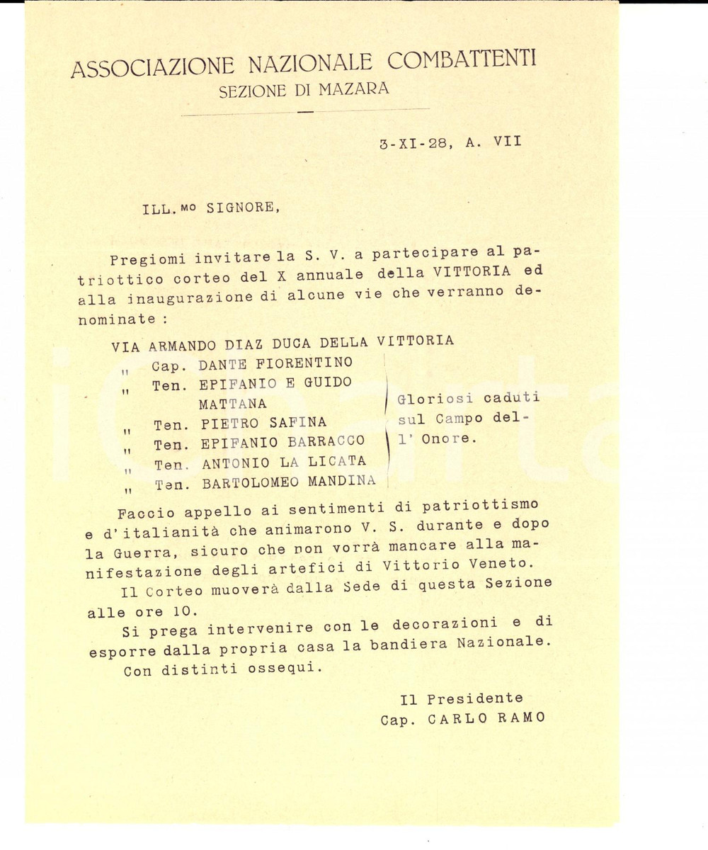 Documento originale, autentico 1928 ANC MAZARA DEL VALLO Patriottico corteo X annuale della Vittoria PIEGHEVOLE 1