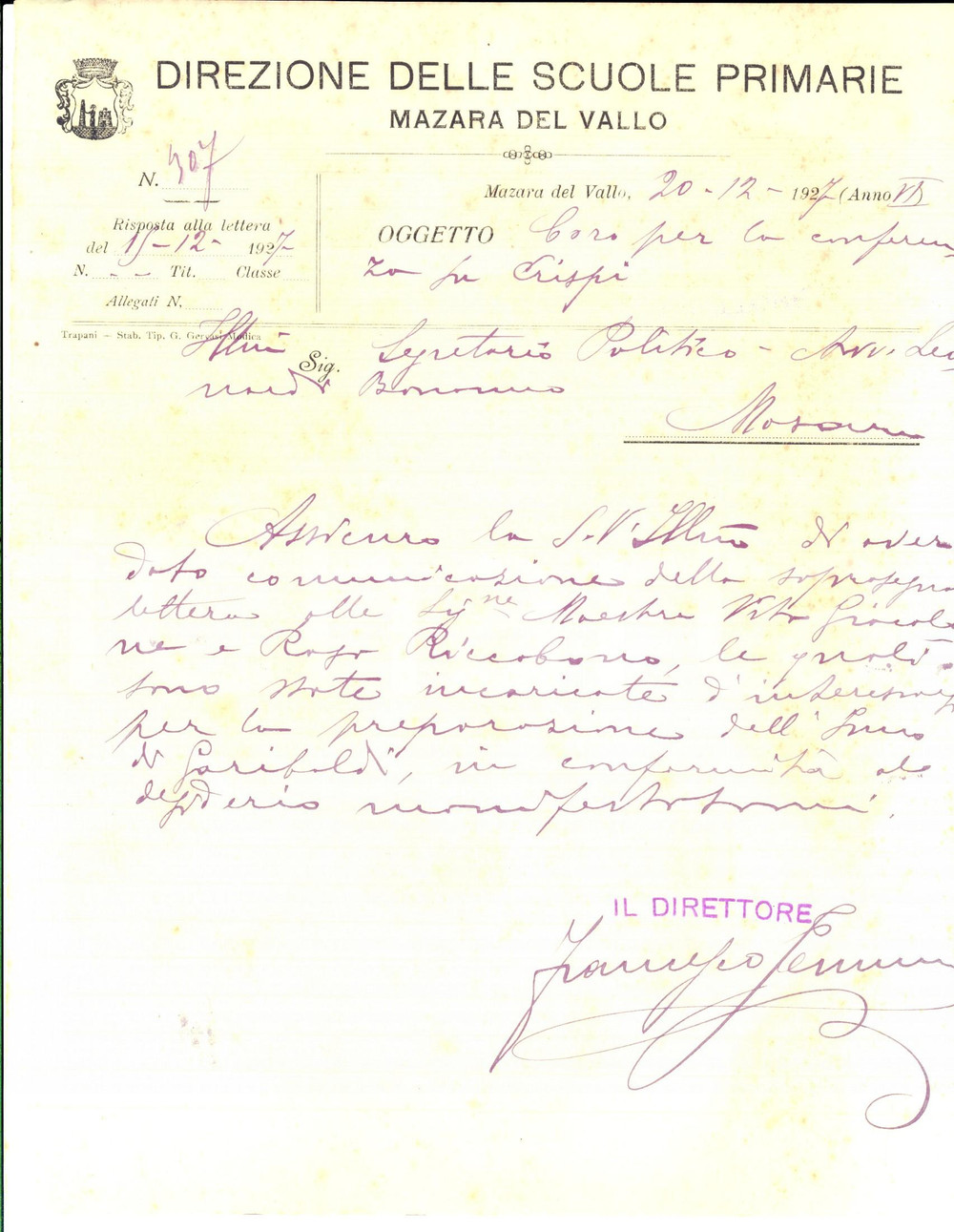 Documento originale, autentico 1927 MAZARA DEL VALLO Direttore scuole Francesco JEMMA su inno di Garibaldi 1