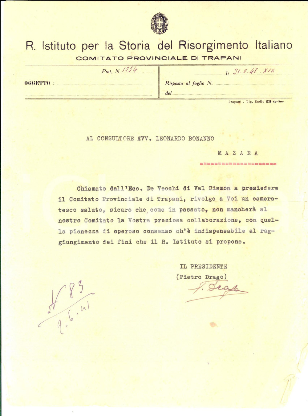 Documento originale, autentico 1941 TRAPANI Istituto Storia Risorgimento  Lettera Pietro DRAGO Autografo 1