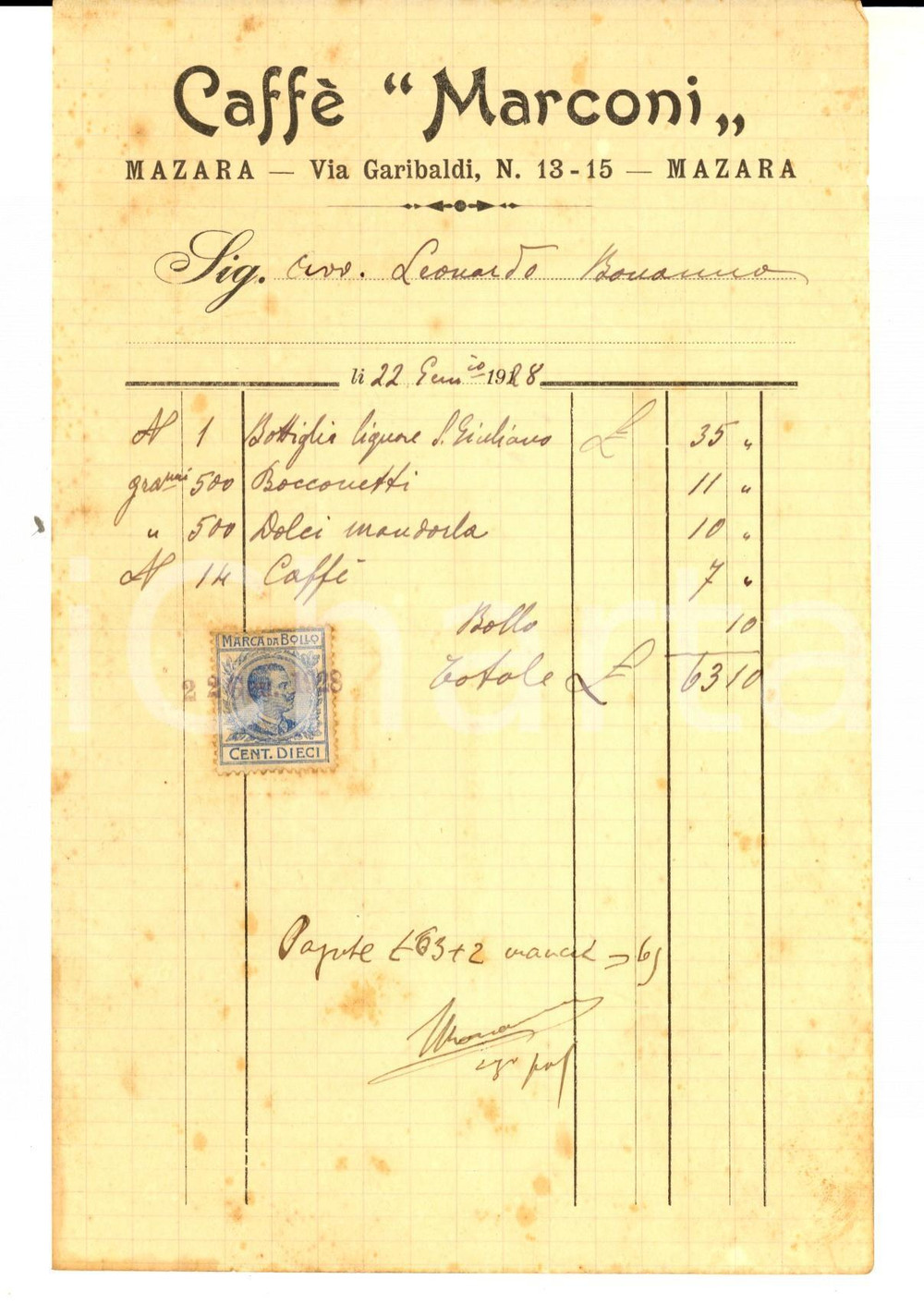 Documento originale, autentico 1928 MAZARA DEL VALLO via Garibaldi  Caffé MARCONI Fattura intestata con bollo 1