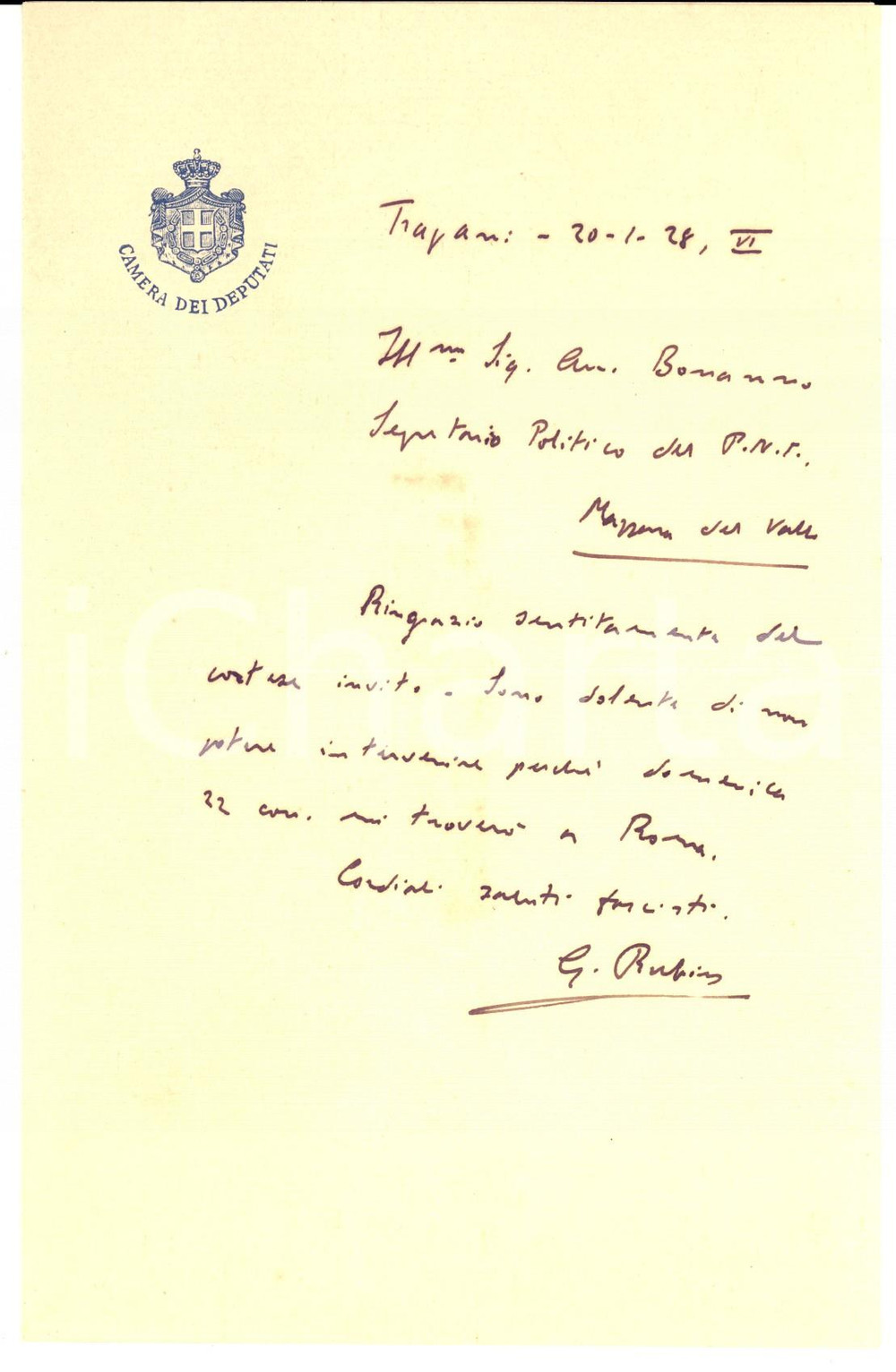 Documento originale, autentico 1928 TRAPANI Lettera ringraziamento on. Giuseppe RUBINO per invito Autografo 1