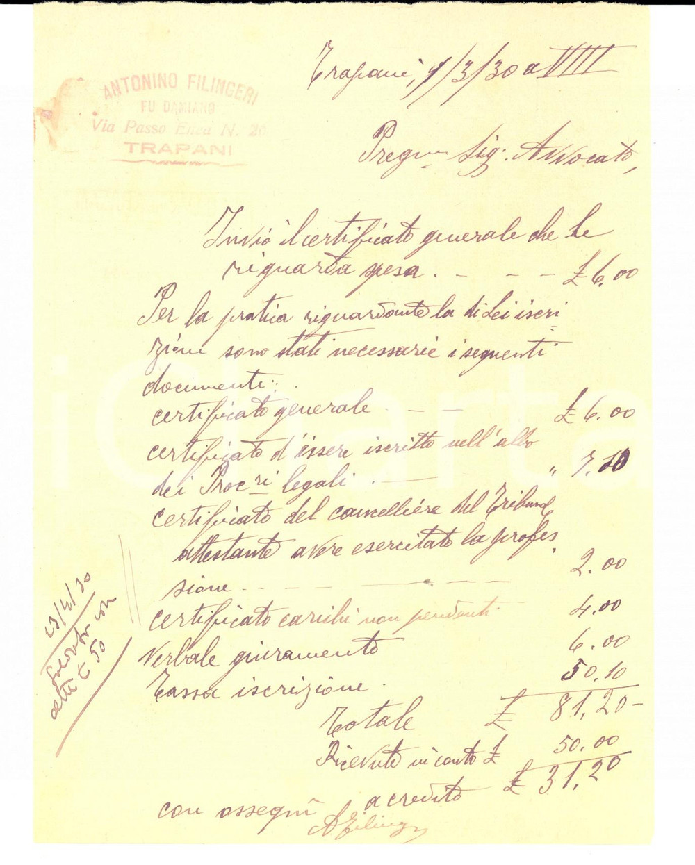 Documento originale, autentico 1930 TRAPANI Conto Antonino FILINGERI per pratica e certificati Lettera 1