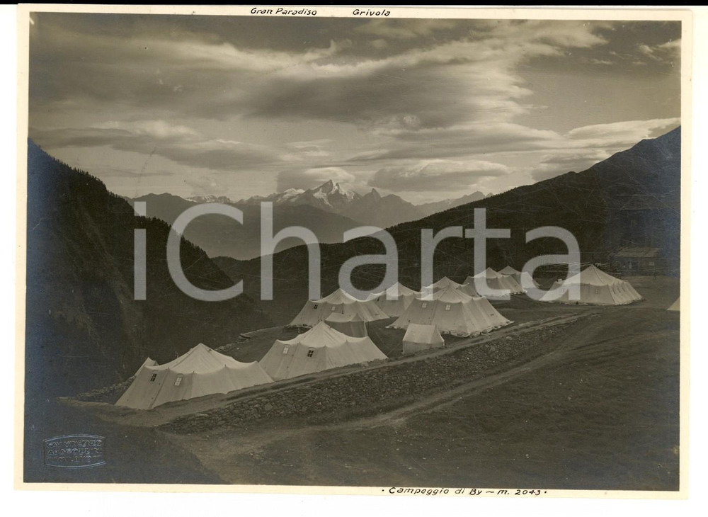 Fotografia d epoca originale 1922 VALLE D AOSTA  CONCA DI BY Panorama con campeggio Foto VINTAGE 17x12 1