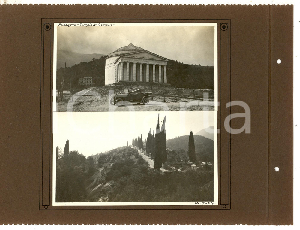 Fotografia d epoca originale 1918 WW1 POSSAGNO TV Tempio di Canova con automobile  Salita  Collage 2 foto 1