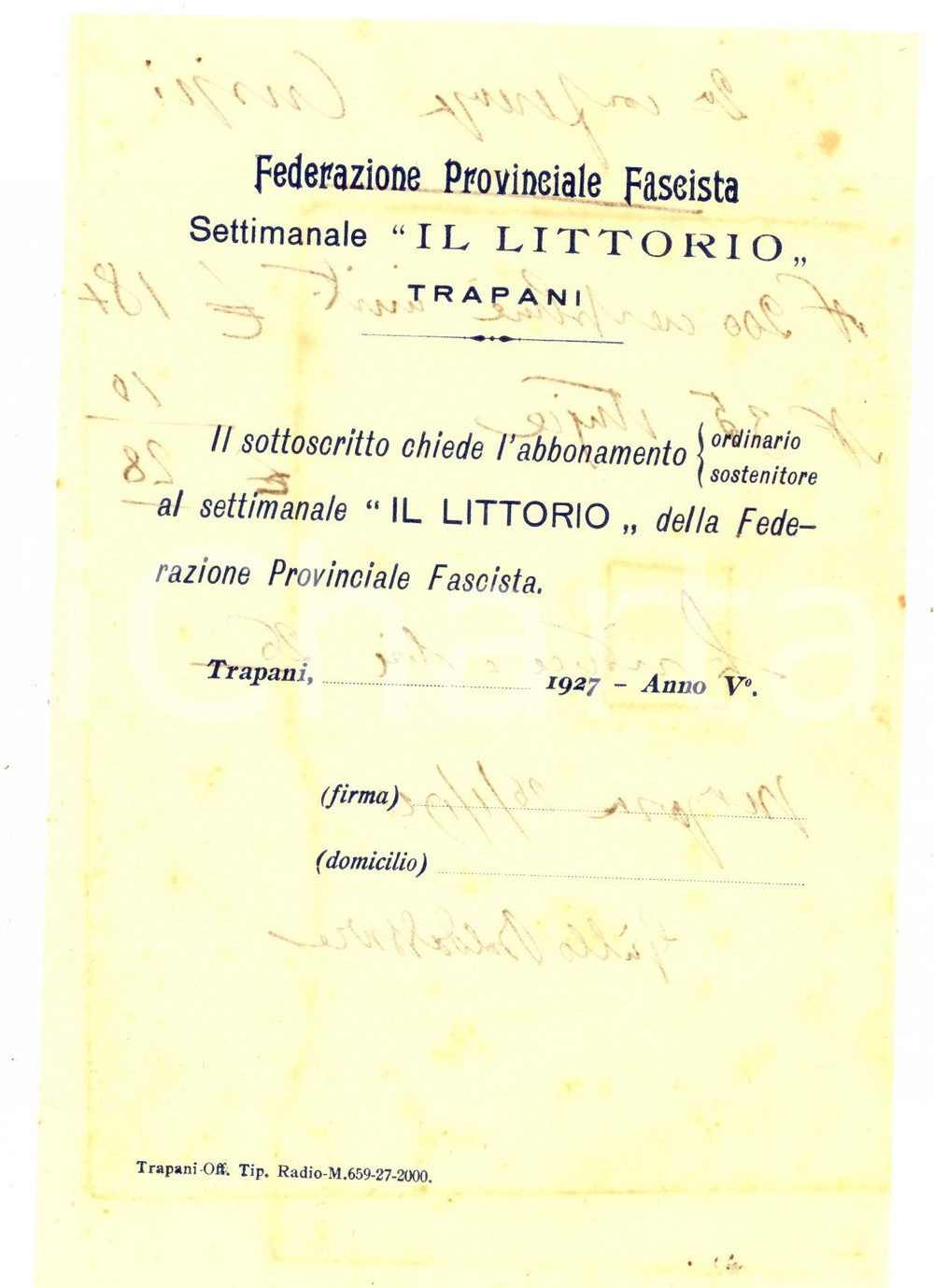 Documento originale, autentico 1927 TRAPANI Federazione Fascista  Modulo per abbonamento a IL LITTORIO 1