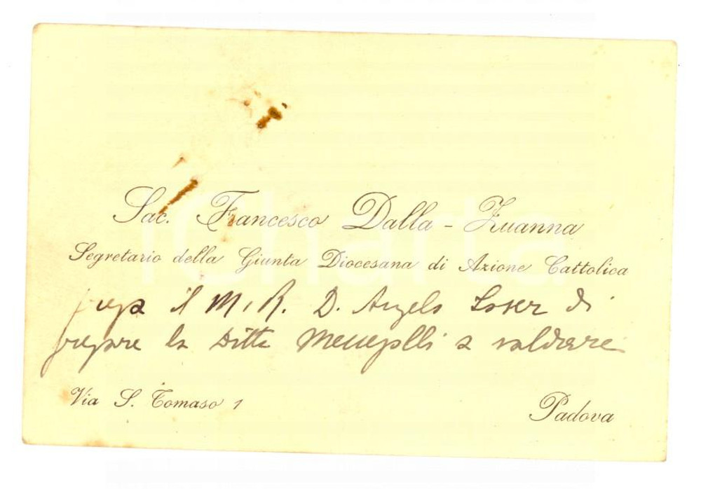 Oggetto da collezione cartaceo 1910 ca PADOVA Don Francesco DALLA ZUANNA Azione Cattolica Biglietto da visita 1